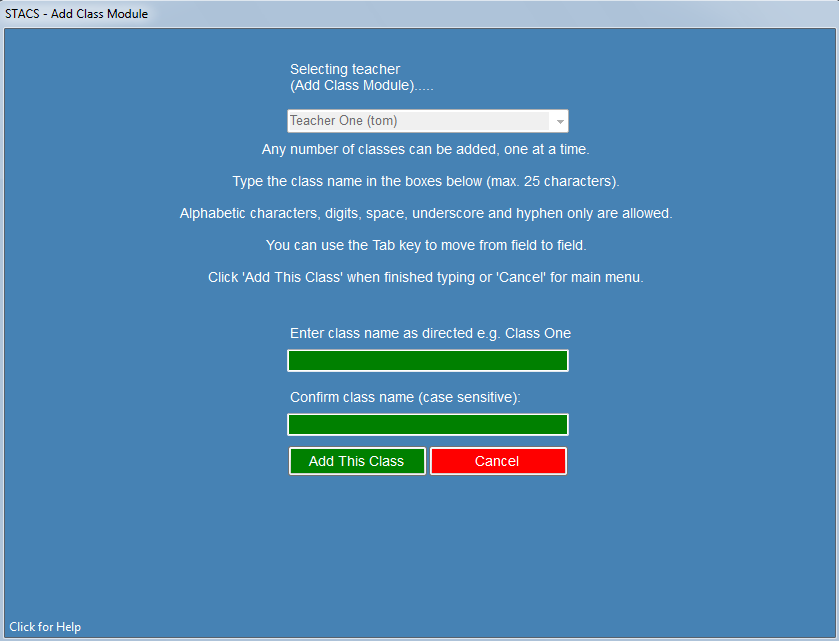 Screenshot: Add Class
